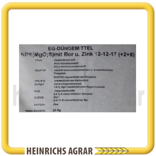 NPK Dünger Blaukorn 12 / 12 / 17 / (+2 +8) mit Bor u. Zink 25 Kg –  Heinrichs Agrar