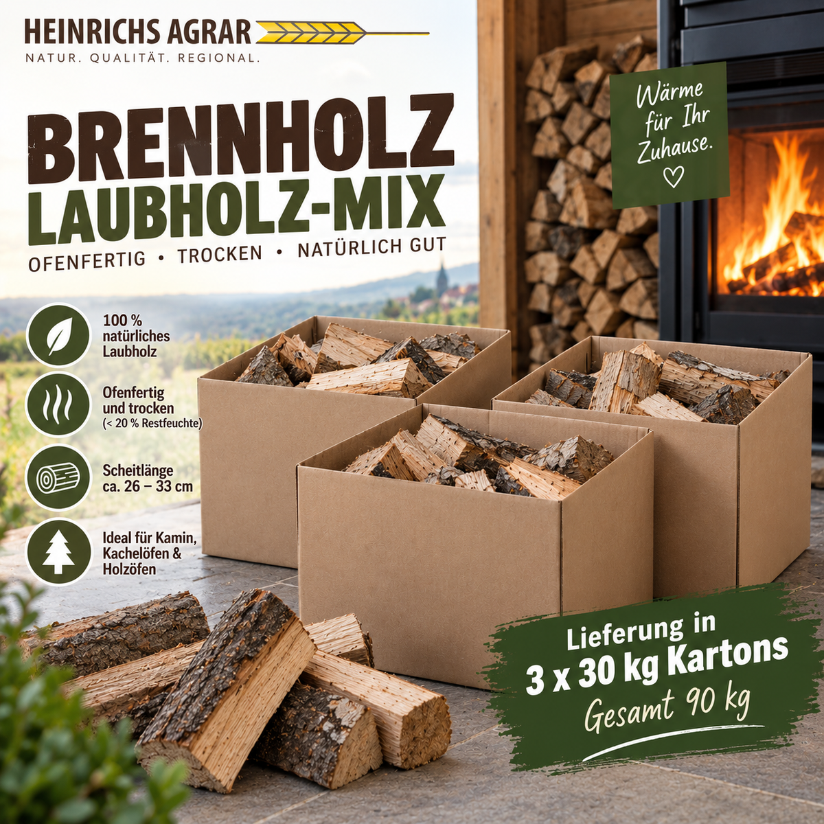 Brennholz Laubholz Mischholz 90kg (3x30kg) trocken Kaminholz ofenfertig Holz 26-33 cm