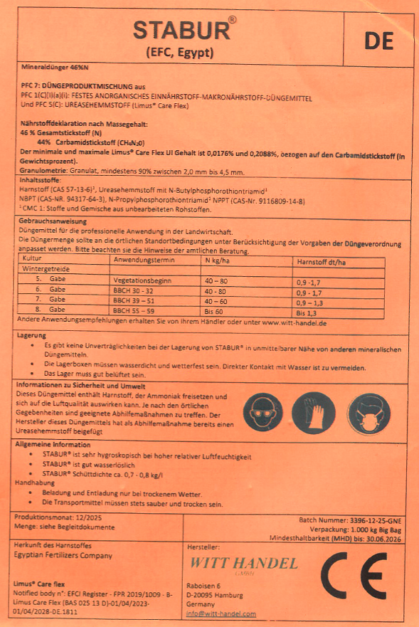 STABUR  Harnstoff CAS 57-l3 1  Ureasehemmstoff nit N-Butvlphosphorothiontriamid1 Ägyptische Ware 46 N mit UI Ägypten
