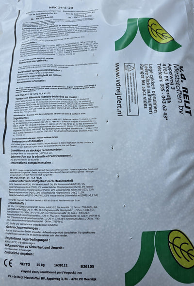 NPK Dünger 14-5-20+MgO+ Schwefel 25 kg, Kaliumbetont & Chloridarm Profi-Qualität Rasendünger/Universaldünger