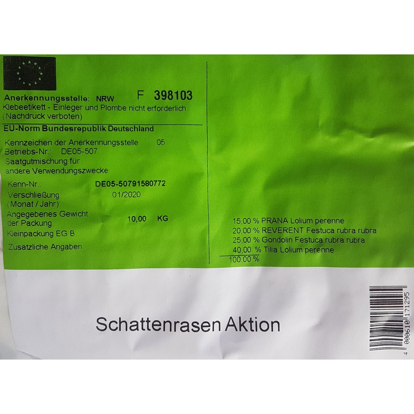 Schattenrasen Rasetta 10 Kg, Rasensaatgut zertifizierte Profisaat