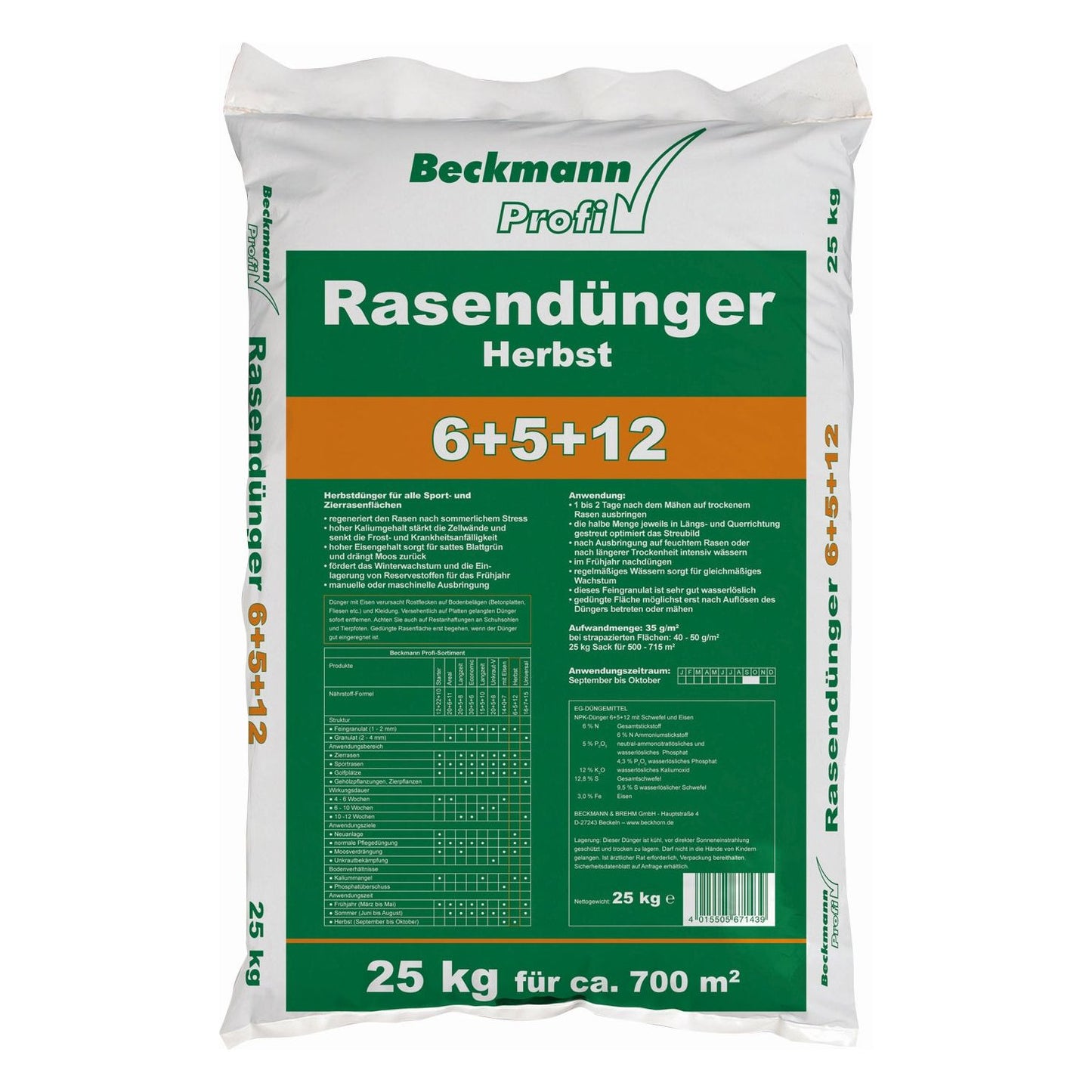 Beckmann Herbst Rasendünger 6+5+12 Sack mit 25 Kg